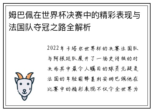姆巴佩在世界杯决赛中的精彩表现与法国队夺冠之路全解析