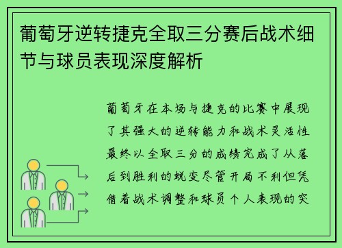 葡萄牙逆转捷克全取三分赛后战术细节与球员表现深度解析